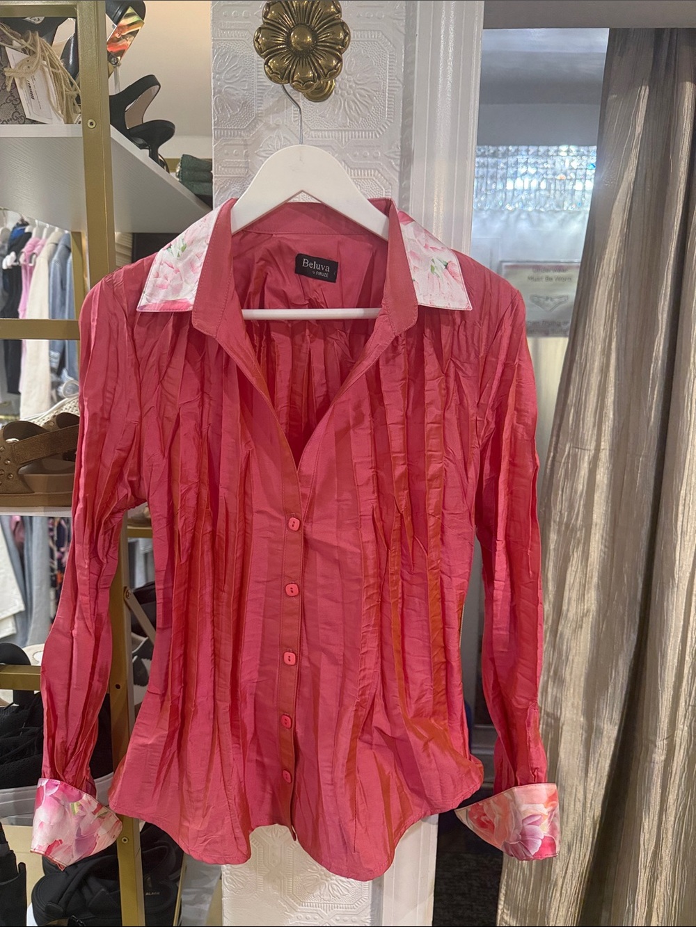 Beluva Pink Crinkled Button-Up Shirt with Floral Trim